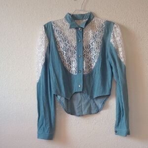 Blue and White Lace Button-Up Blouse
